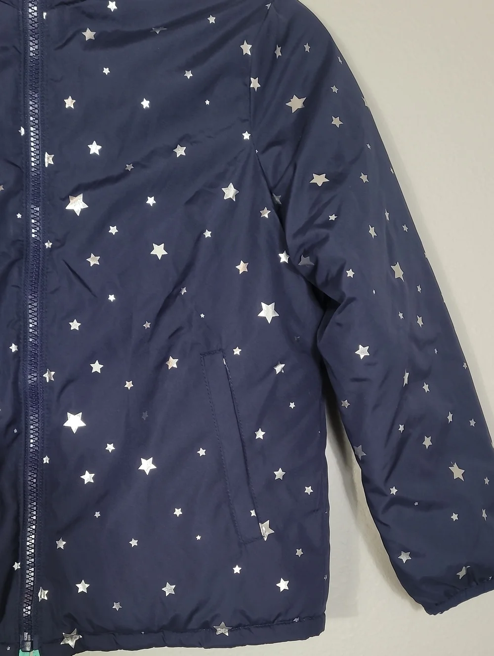 Gap Girls Reversible Puffer Jacket Size Medium 8 Navy Stars Teal Winter Kids